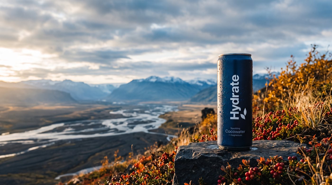 Hydrate Original Coco á hraunhellu í íslenskri haustlyngbreiðu með jökulá og snæviþakta tinda í baksýn